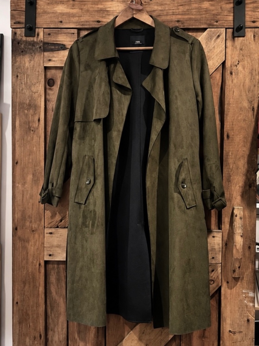 Zara faux suede olive green trench with tie size large